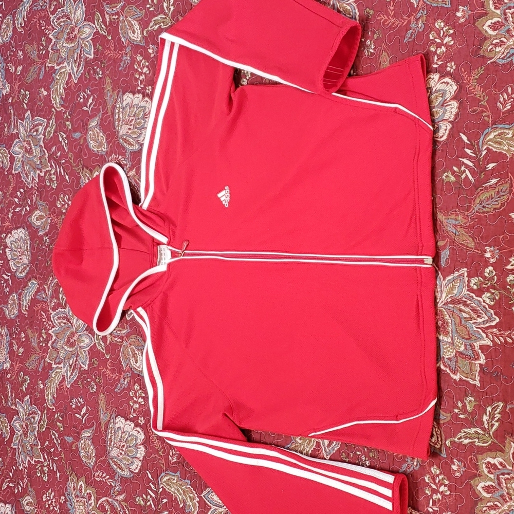 Vintage adidas Red Hooded Zip Up Track Jacket w White Trim, sz Large